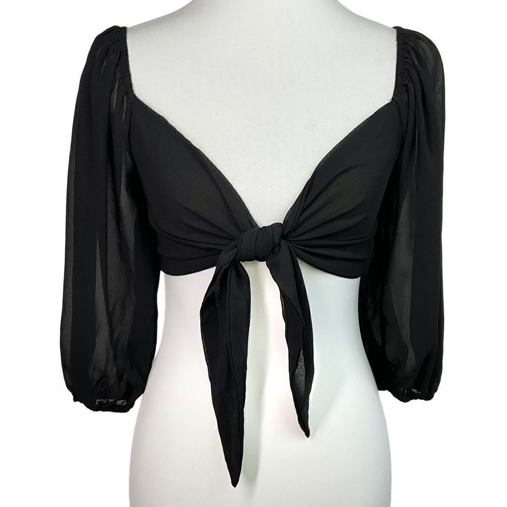 Papermoon Black Front Tie Shirred Sheer 3/4 Sleeve Crop Top Small New